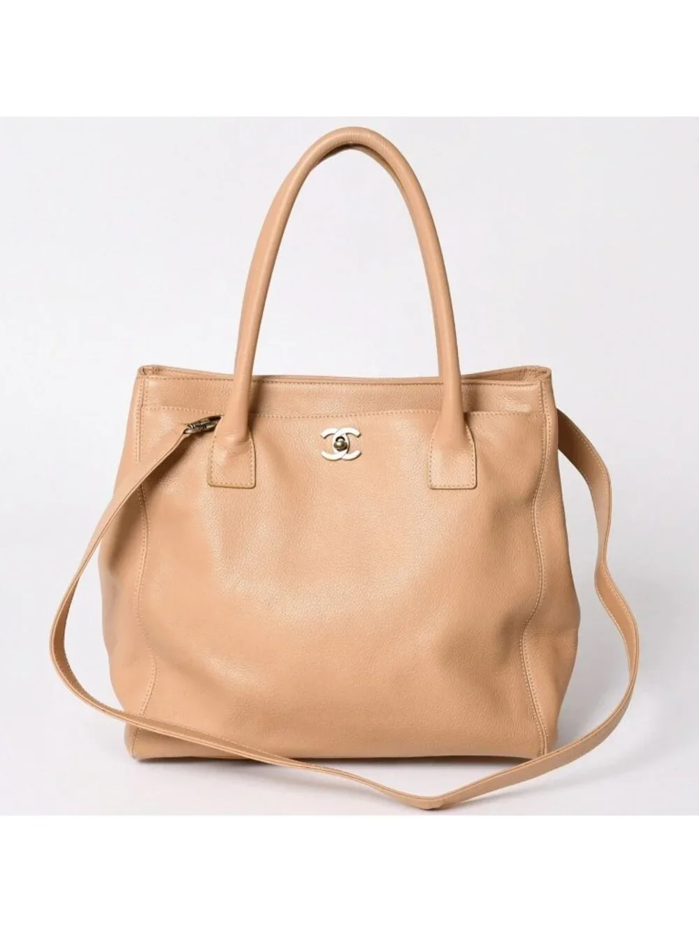 Chanel Executive Tote Bag CC Logo Turnlock Calfskin Beige